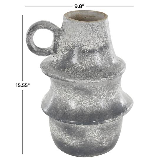 16" Light Gray Paper Mache Distressed Fluted Vase with Ring Handle